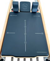 Blue exercise mat with branding on a white background