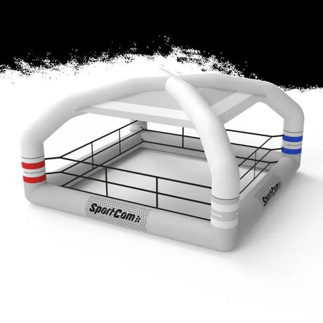 SportCom Aufblasbarer Boxring mit Überdachung, Render in Weiß, Variante mit 2 Bannern