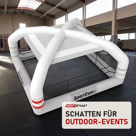 SportCom Aufblasbarer Boxring mit Überdachung in einer hellen Kampfsporthalle