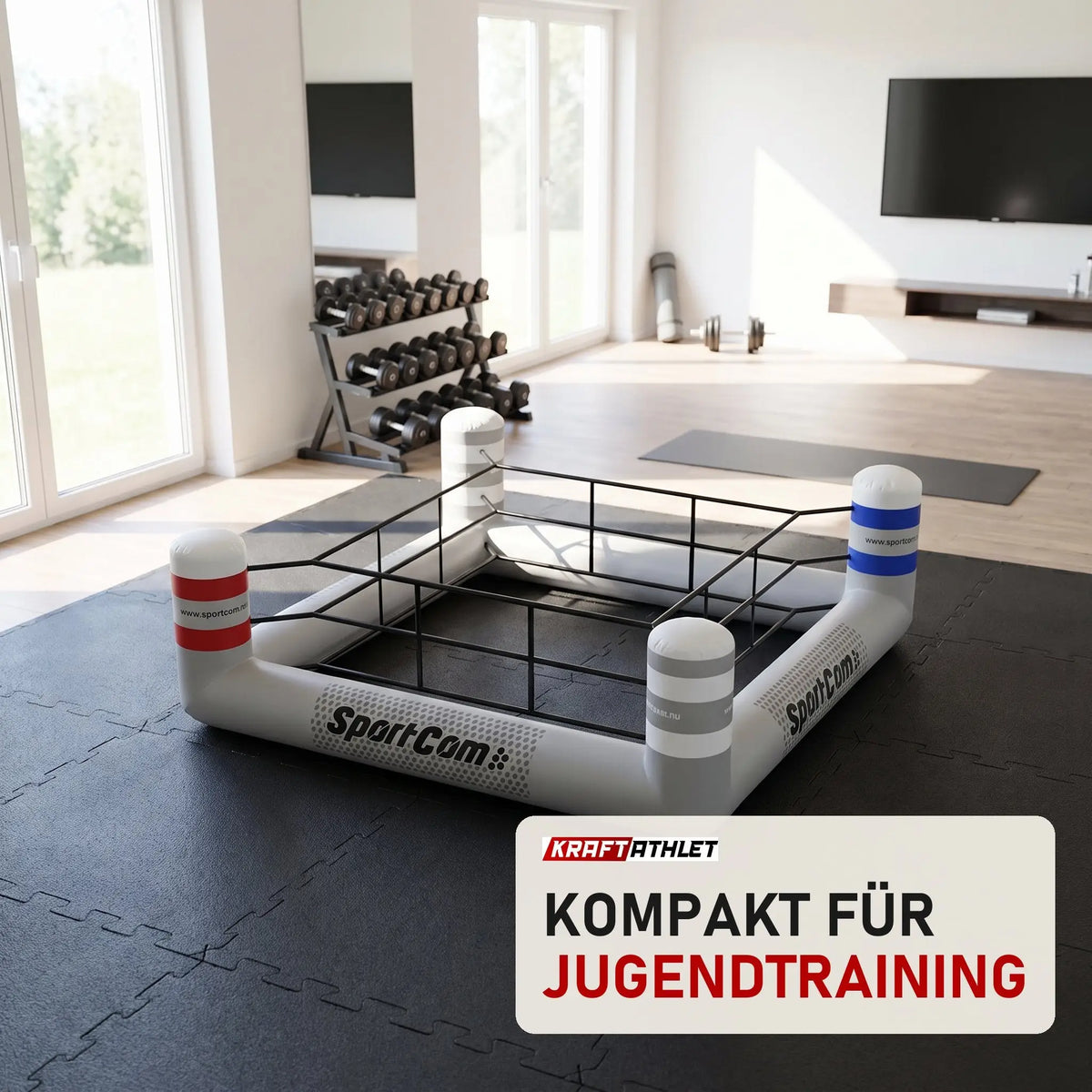 SportCom Aufblasbarer Jugend-Boxring in einem hellen Home-Gym