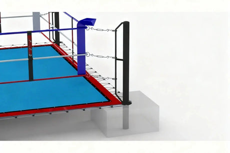 SportCom Bodenanker-Boxring mit Stahlpfosten, Detailecke mit blauer Auflage und roter Kante