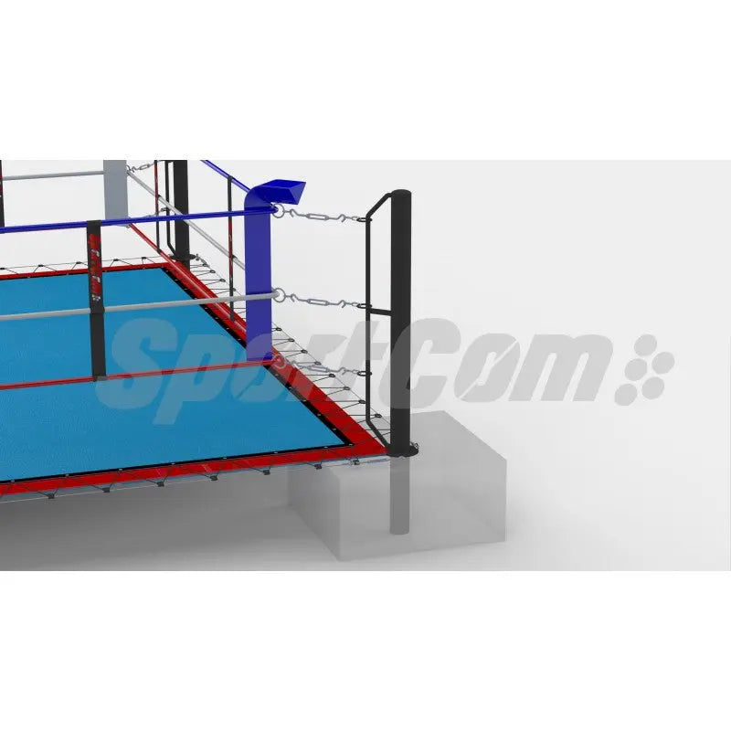 SportCom Bodenanker-Boxring mit Stahlpfosten, Detail der Ecke mit Pfosten, Seilen und blauem Boden