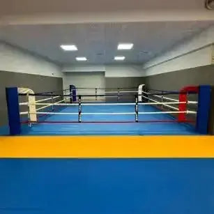 SportCom Bodenanker-Boxring mit Stahlpfosten auf blau-gelbem Hallenboden, Frontansicht
