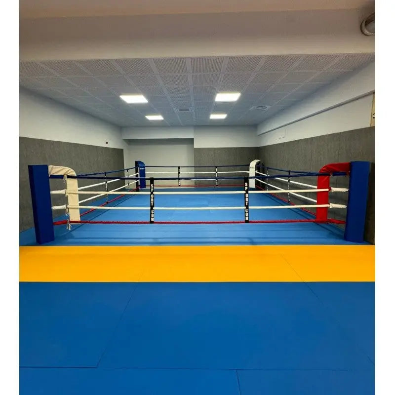 SportCom Bodenanker-Boxring mit Stahlpfosten in einer Halle, Frontansicht mit blauer und roter Ecke