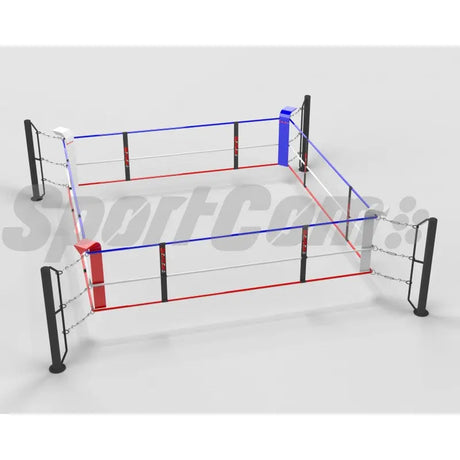 SportCom Bodenanker-Boxring mit Stahlpfosten in 4 x 4 m, Schrägansicht mit blauer und roter Ecke