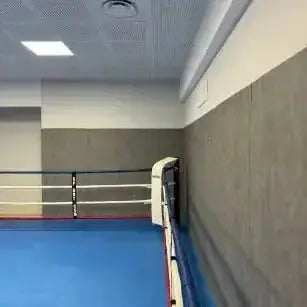 SportCom Bodenanker-Boxring mit Stahlpfosten, Seilseite an der grauen Hallenwand
