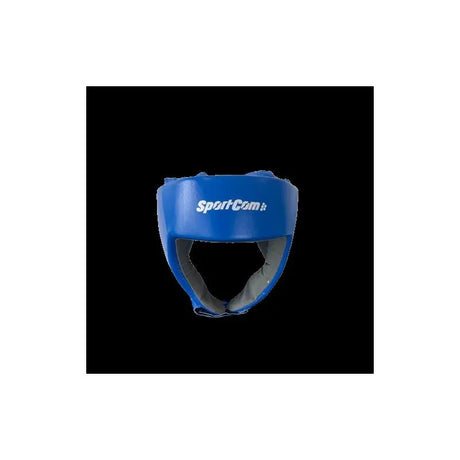 SportCom Boxhelm aus Leder in Blau, Frontansicht mit grauem Innenpolster vor schwarzem Hintergrund