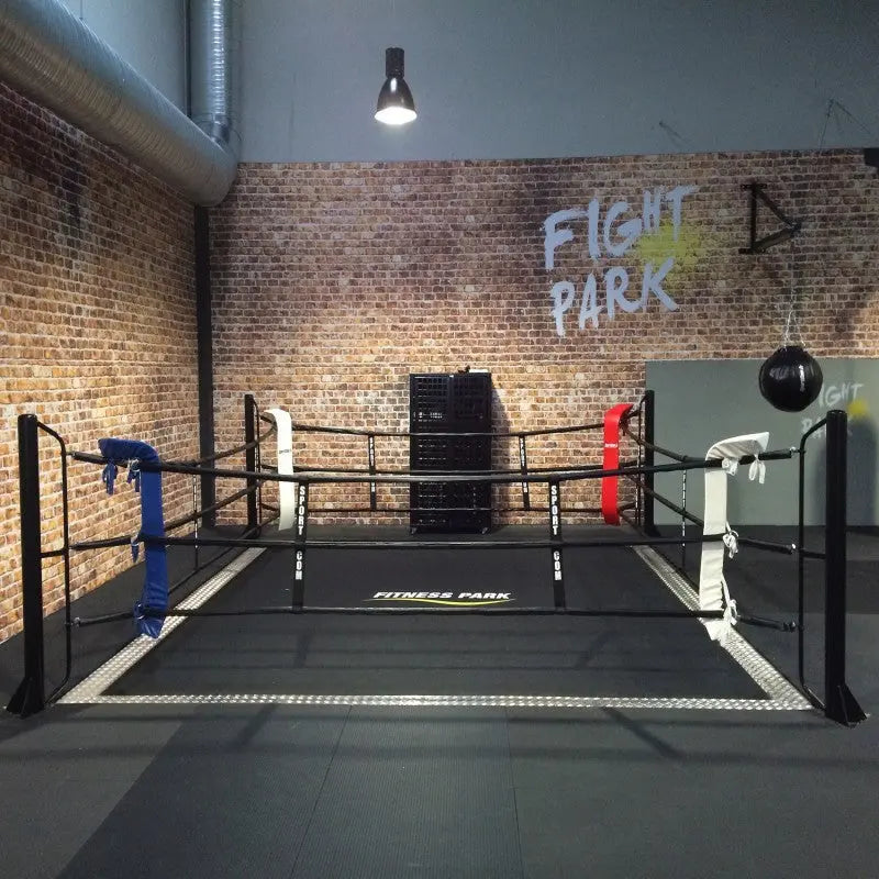 SportCom Boxring-Individualisierung: Ring mit blauer und weißer Ecke vor Backsteinwand mit Graffiti
