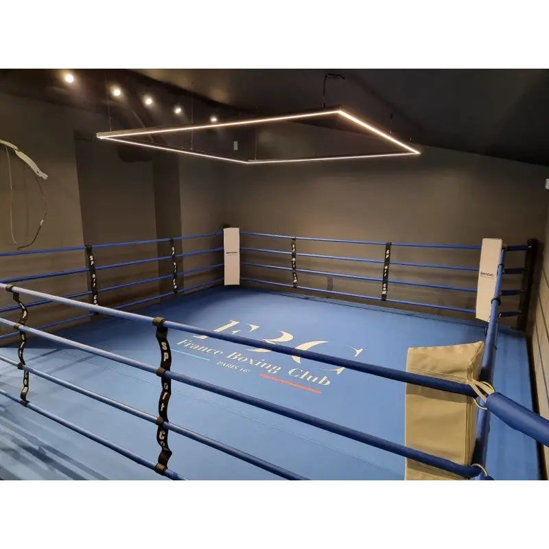 SportCom Boxring-Individualisierung: blauer Ringboden mit Club-Logo, Lichtrahmen und blauen Seilen