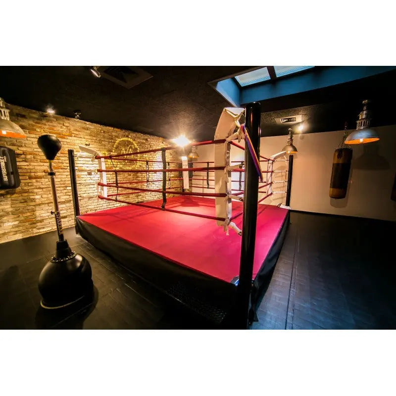 SportCom Boxring-Individualisierung: erhöhter Ring mit rotem Boden in einem Gewölbekeller mit Backstein