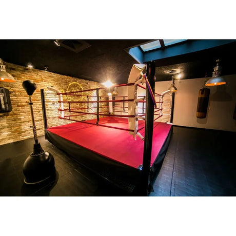 SportCom Boxring-Individualisierung: erhöhter Ring mit rotem Boden in einem Gewölbekeller mit Backstein