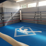 SportCom Boxring-Individualisierung: blauer Ringboden mit weißem Logo und blau-roten Seilen im Studio