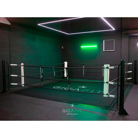 SportCom Boxring-Individualisierung: schwarzer Ring mit grünem Neonlicht und bedrucktem Boden im Studio