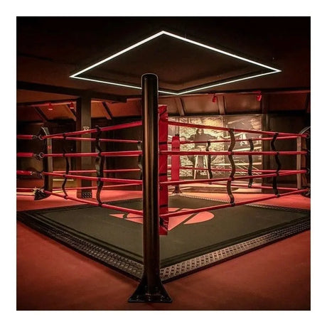 SportCom Boxring-Individualisierung: schwarzer Ring mit roten Seilen und Lichtrahmen in einem dunklen Studio