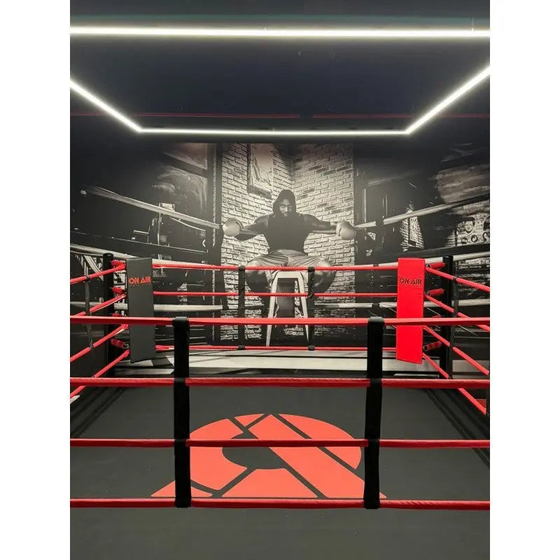SportCom Boxring-Individualisierung: schwarzer Ring mit roten Seilen und Lichtleisten, erhöhte Gesamtansicht