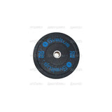SportCom Bumper Plate von Sveltus 20 kg, schwarze Scheibe mit blauer Beschriftung in der Draufsicht