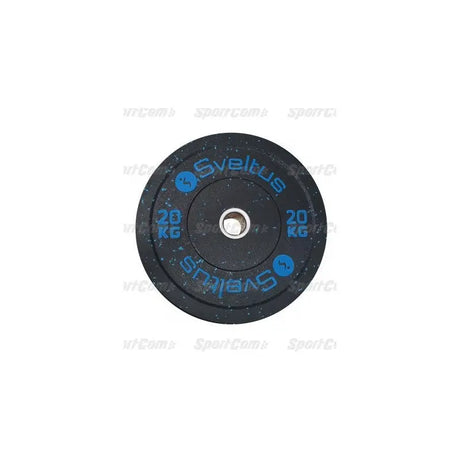 SportCom Bumper Plate von Sveltus 20 kg, schwarze Scheibe mit blauer Beschriftung in der Draufsicht