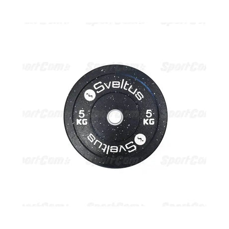 SportCom Bumper Plate von Sveltus 5 kg, schwarze Scheibe mit weißer Beschriftung in der Draufsicht