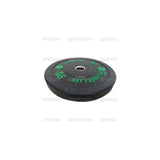 SportCom Bumper Plate von Sveltus, 10-kg-Scheibe mit grüner Schrift in Schrägansicht liegend