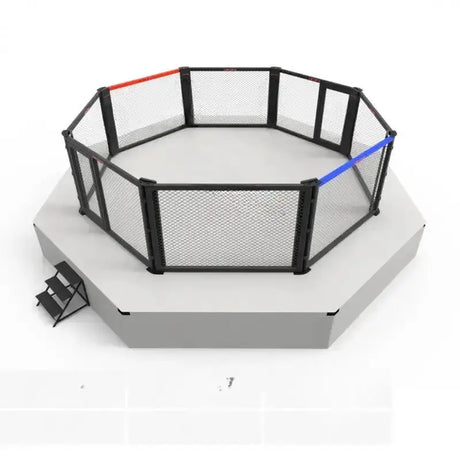 SportCom Competition MMA Cage Premium Oktagon – Schrägansicht von oben mit Podest und Treppe