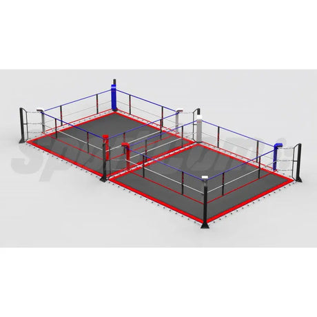 SportCom Doppel-Boxring Bodenpfosten mit Spannseilen, Render der Variante 4 x 8 m mit grauem Boden