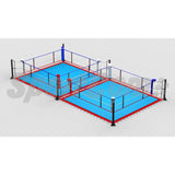 SportCom Doppel-Boxring Bodenpfosten mit Spannseilen, Render der Variante 7 x 14 m mit hellblauem Boden