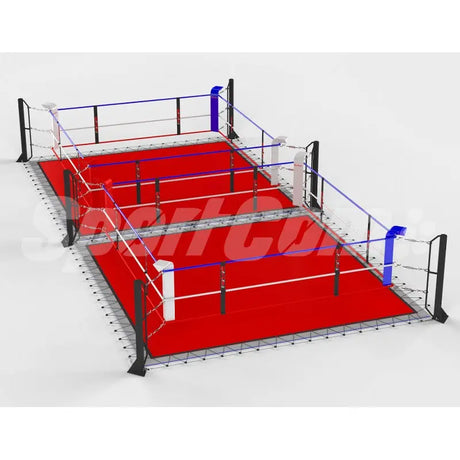 SportCom Doppel-Boxring Bodenpfosten mit Spannseilen, Render der Variante 7 x 14 m mit rotem Boden