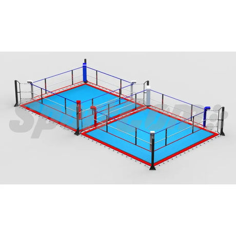 SportCom Doppel-Boxring Bodenpfosten mit Spannseilen, Render mit hellblauem Boden und roter Kante