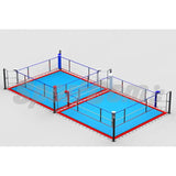 SportCom Doppel-Boxring mit Spannseilen und Stahlpfosten, Render der Variante 5 x 10 m mit hellblauem Boden