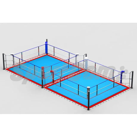 SportCom Doppel-Boxring mit Spannseilen und Stahlpfosten, Render der Variante 6 x 12 m mit hellblauem Boden