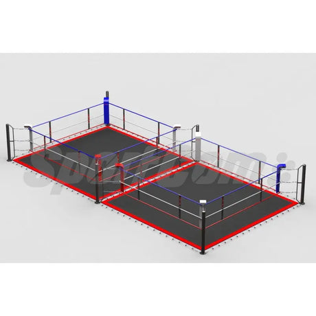 SportCom Doppel-Boxring mit Spannseilen und Stahlpfosten, Render der Variante 7 x 14 m mit grauem Boden