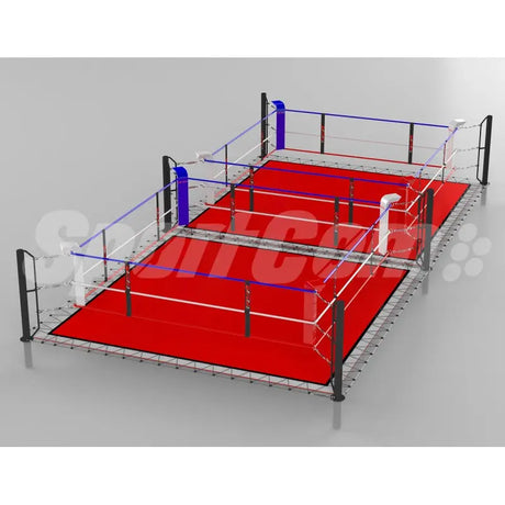 SportCom Doppel-Boxring mit Spannseilen und Stahlpfosten, Render der Variante 7 x 14 m mit rotem Boden