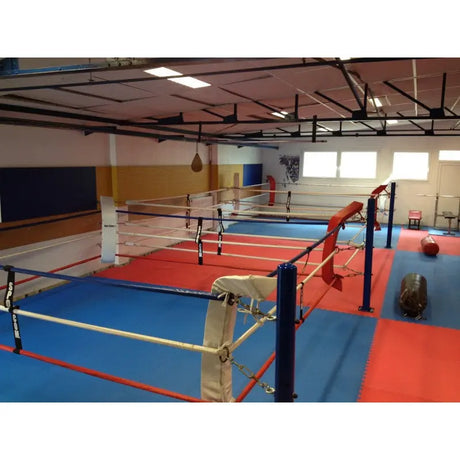 SportCom Doppel-Boxring mit Stahlpfosten, Bodenmontage – im Boxstudio aufgebaut mit roter und blauer Bodenfläche