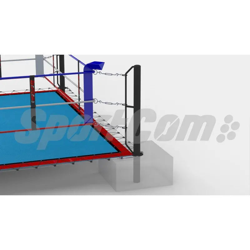SportCom Doppel-Boxring mit Stahlpfosten, Bodenmontage – Detail des Eckpfostens mit blauem Polster am Boden