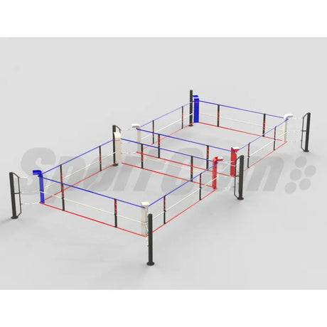 SportCom Doppel-Boxring mit Stahlpfosten, Bodenmontage – Größe 6 x 12 m, Schrägansicht mit roten und blauen Seilen
