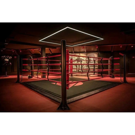 SportCom Ecofix Bodenmontage-Boxring mit Aluminiumrand, in einem rot beleuchteten Gym mit Lichtrahmen