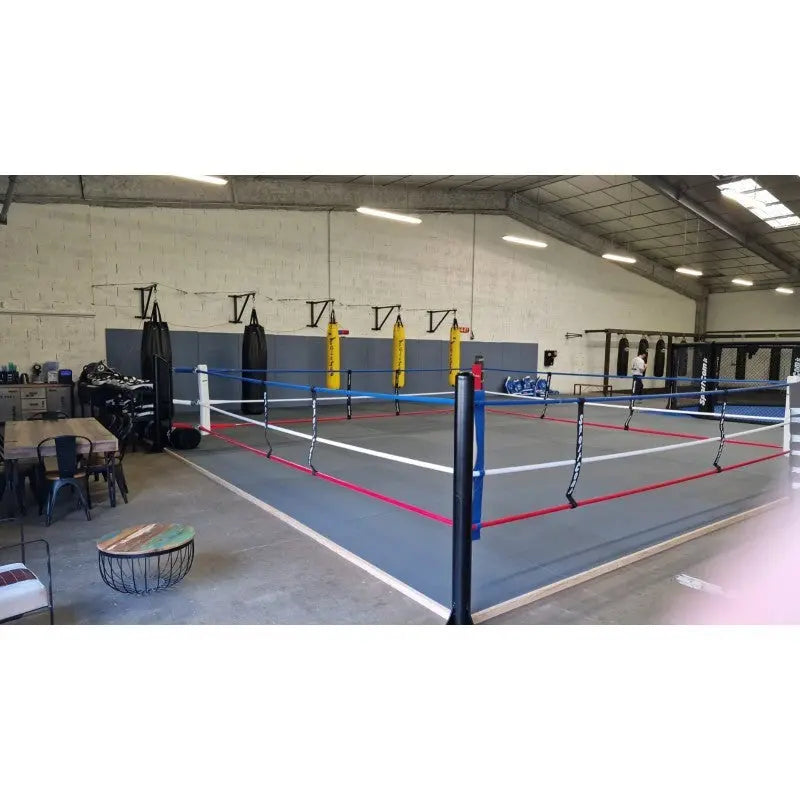 SportCom Ecofix Bodenmontage-Boxring in einer Trainingshalle, weite Ansicht mit blauen Pfosten