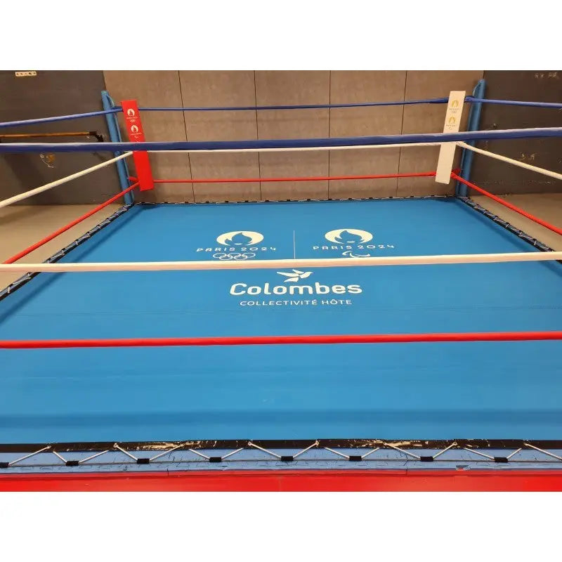 SportCom Ecofix Bodenmontage-Boxring mit Spannseilen, Nahansicht des Bodens mit Vereinslogo