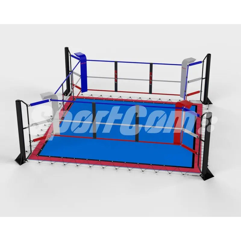 SportCom Ecofix Bodenmontage-Boxring mit Spannseilen, Render mit blauem Boden und roter Umrandung