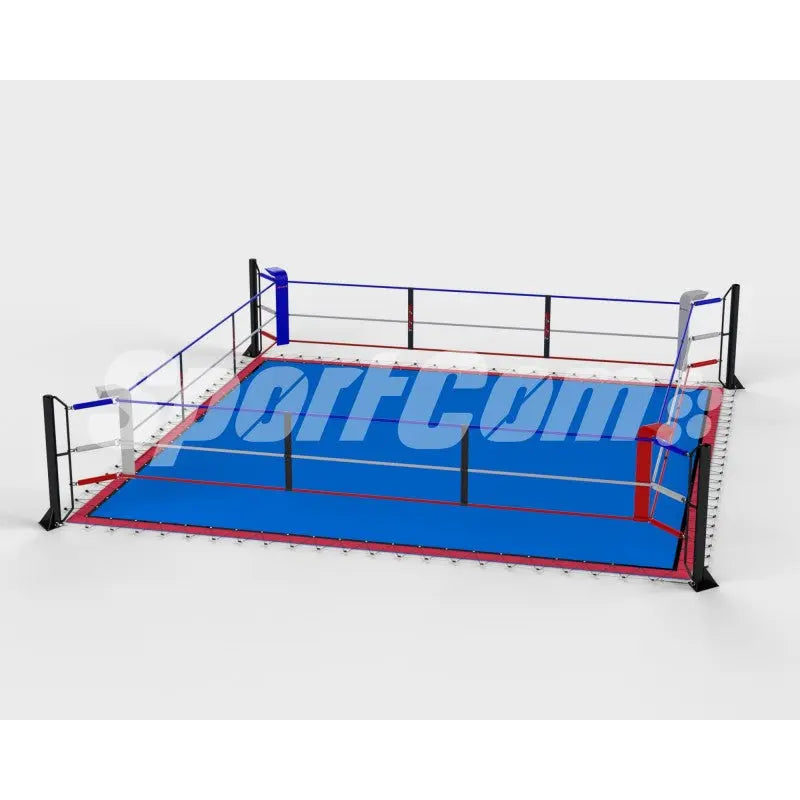 SportCom Ecofix Bodenmontage-Boxring mit Spannseilen, Render mit blauem Boden, Blick auf die rechte Ecke