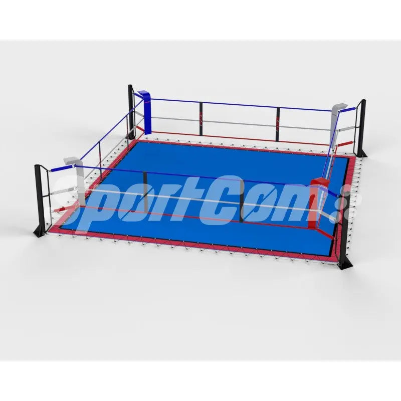 SportCom Ecofix Bodenmontage-Boxring mit Spannseilen, Render mit blauem Boden aus flacher Ansicht