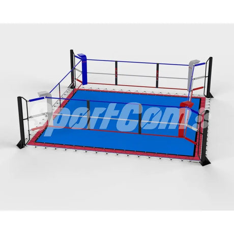 SportCom Ecofix Bodenmontage-Boxring mit Spannseilen, Render mit blauem Boden in Schrägansicht