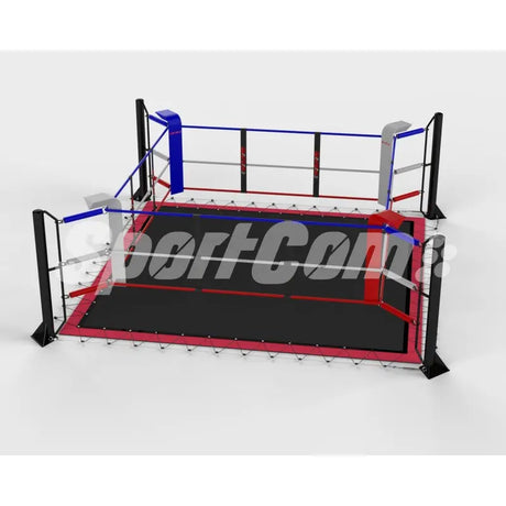 SportCom Ecofix Bodenmontage-Boxring mit Spannseilen, Render mit rot-blauen Ecken und Logo auf dem Boden