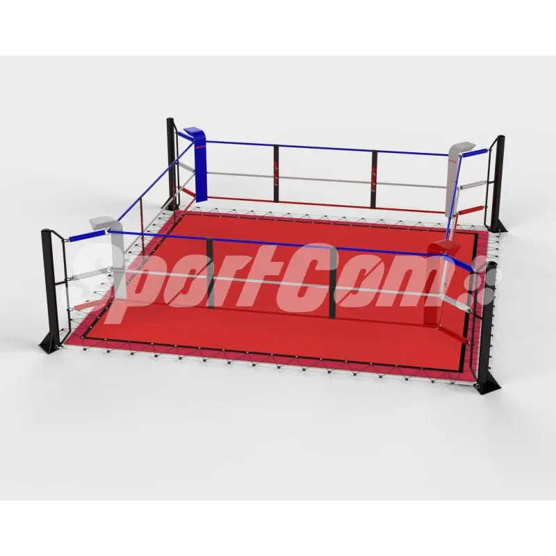 SportCom Ecofix Bodenmontage-Boxring mit Spannseilen, Render mit rotem Boden aus flacher Ansicht