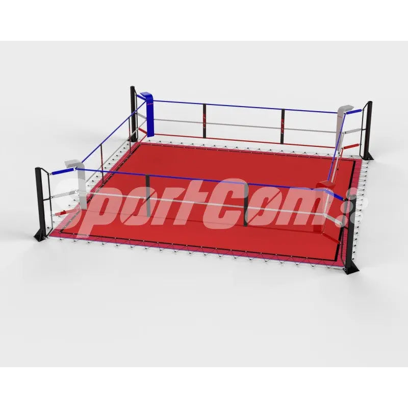SportCom Ecofix Bodenmontage-Boxring mit Spannseilen, Render mit rotem Boden in Schrägansicht