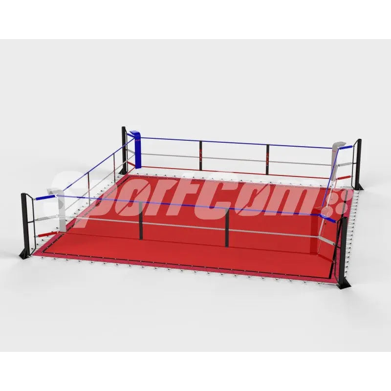 SportCom Ecofix Bodenmontage-Boxring mit Spannseilen, Render mit rotem Boden aus seitlicher Ansicht