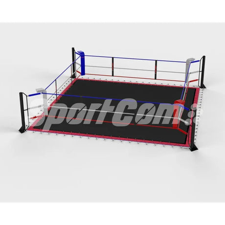 SportCom Ecofix Bodenmontage-Boxring mit Spannseilen, Render mit schwarzem Boden aus flacher Ansicht