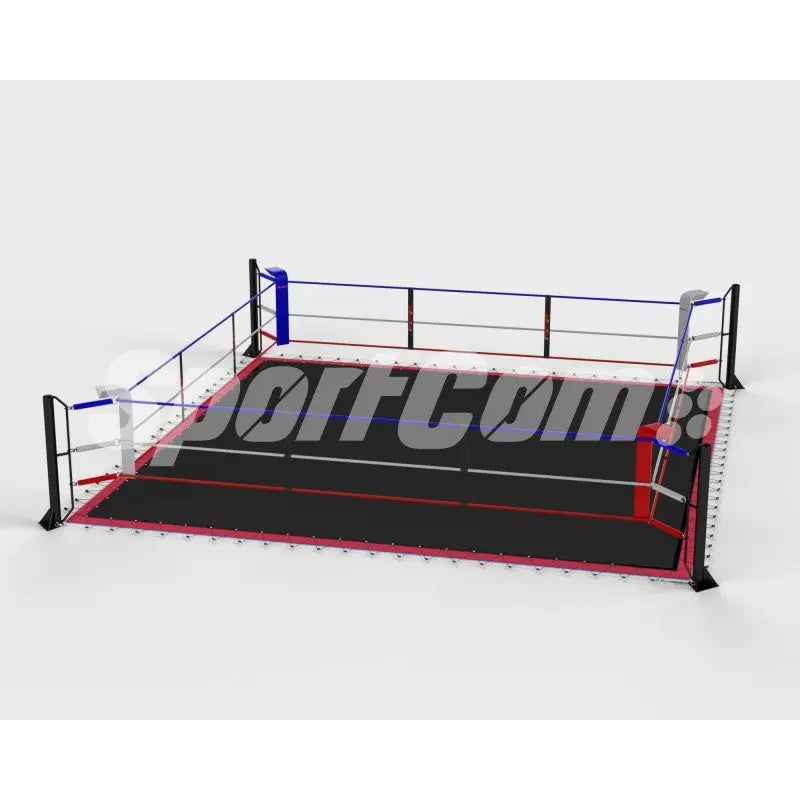 SportCom Ecofix Bodenmontage-Boxring mit Spannseilen, Render mit schwarzem Boden in Schrägansicht