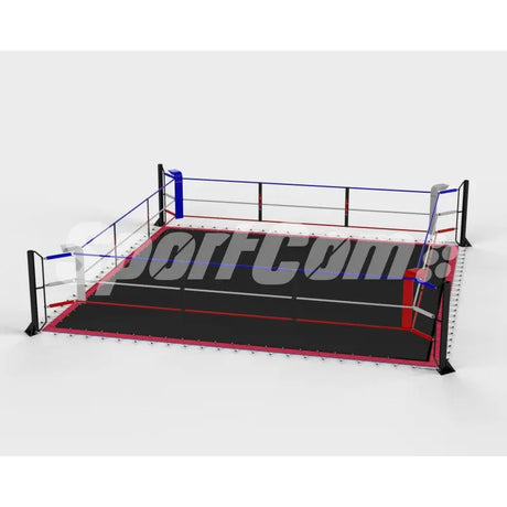 SportCom Ecofix Bodenmontage-Boxring mit Spannseilen, Render mit schwarzem Boden in Schrägansicht