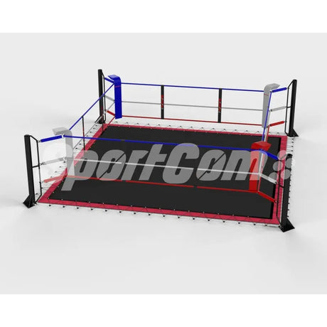 SportCom Ecofix Bodenmontage-Boxring mit Spannseilen, Render mit schwarzem Boden
